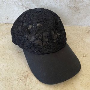 Gucci Black Embroidered Monogram Net Baseball Cap Hat